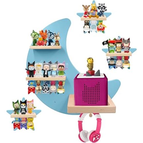 for Toniebox Starter Tonie Shelf Wall Mounted Set,Tonies Figures Tonies Storage,Magnetic Wooden Floating Shelves Compatible with Tonie Box Player Character for Children Room (Blue-Moon)