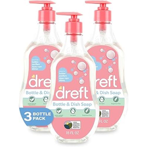 DREFT Bottle and Dish Soap | Made to Clean Baby Bottles, Sippy Cups, Pacifiers, Breast Pumps, & More | Gently Removes Milk Film & Odors | Plant Based, Fragrance Free Dish Soap | 18 Fl Oz (Pack of 3)