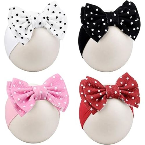 JATEBI 4 Pcs Baby Bows Baby Girl Polka Dot Headbands with Bows Nylon Bow Hair Accessories for Newborn Infants Mother's Day