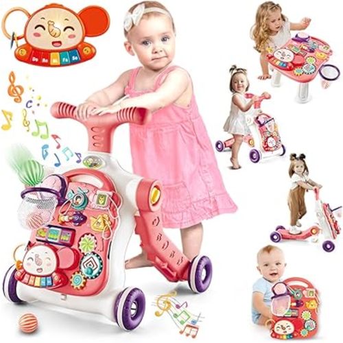 VATOS Baby Walker 5 in 1, Sit-to-Stand Learning Walker, Assemble as Scooter/Balance Bike/Push Walker/Activity Table, Detachable Panel, Push Walkers Toys with Music for Toddlers Infant Boys Girls