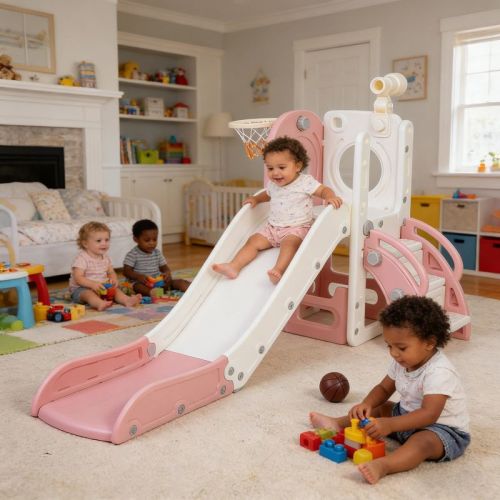 6 in 1 Toddler Slide, Indoor Outdoor Baby Slide with Basketball Hoop, Telescope, Storage and Non-Slip Steps, Pink