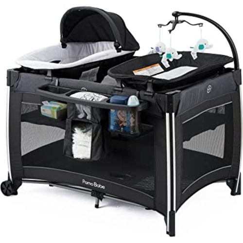 Pamo Babe 4 in 1 Portable Baby Crib Deluxe Nursery Center, Foldable Travel Playard with Bassinet, Mattress, Changing Table for Newborn, Infant, Toddler(Black)