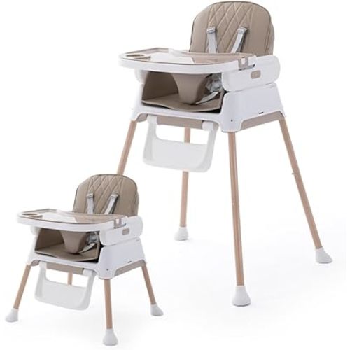 3 in 1 Baby High Chair,Adjustable Convertible Infant Baby Feeding Chair Booster for Eating with Detachable Double Tray,5 Point Harness,Khaki