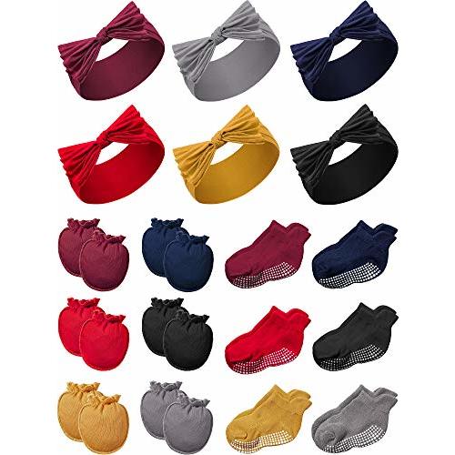 Geyoga 18 Pieces Baby Headband Newborn Socks and Mittens Sets Elastic Baby Essentials Boys Girls 0-6 Months