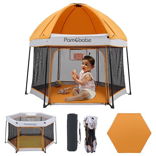 Pamo Babe Portable Playpen with Canopy and Mattress Outdoor and Indoor 54" Baby Playard for Babies and Toddlers Foldable Play Yard with Zipper Gate