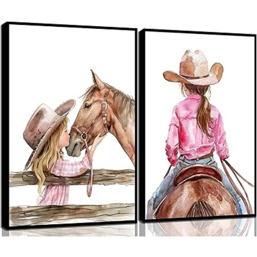XXOUYLQ 2PCS Cowgirl Nursery Wall Art girl and horse Poster Girl kissing horse Pictures Painting Canvas Decor American Western style prints Wall Decor animal Posters for Baby Bedroom unframed