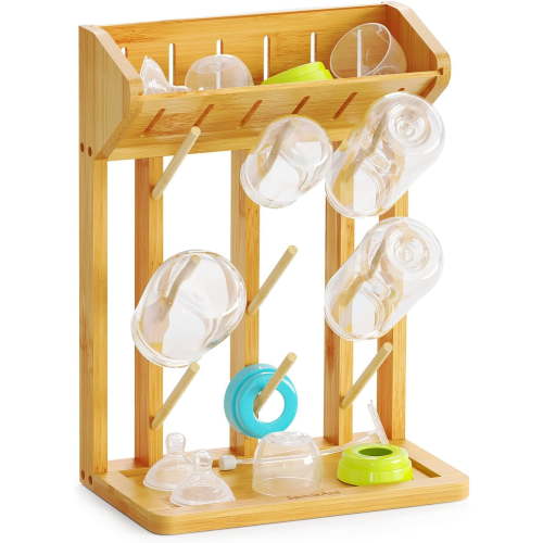 SpaceAid Bamboo Baby Bottle Drying Rack, Space Saving Kitchen Bottles Holder Organizer for Baby Bottle Rack Dryer Storage Accessories (Natural, 9 Bottles)