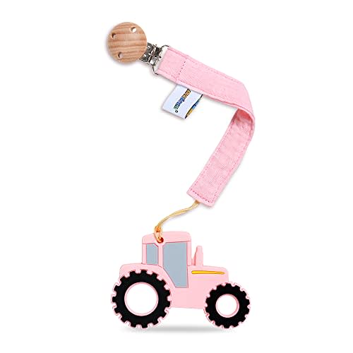 AmazingM Baby Food Grade Silicone Tractor Car Teether Toy with Pacifier clip Holder,Teething Pain Relief Toys Gift Set for 3 Months+ Boys and Girls,Freezer Safe,BPA Free (Pink)