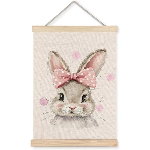 URLLUAE Easter Wall Decor, Coquette Pink Bow Easter Bunny Wall Art With Wooden Poster Hanger, Easter Bunny Decor, Pink Easter Wall Art Decor for Home Bedroom Girls Room 12x16 Inches