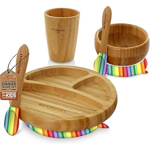 NutriChef Baby Feeding Plate & Bowl, Wooden Suction Plate and Bowl Infant Toddler Dish, Cup, and Spoon Set with Silicone Suction Base for Stay Put Eating, For Children Aged 4-72 Months(Rainbow), Small