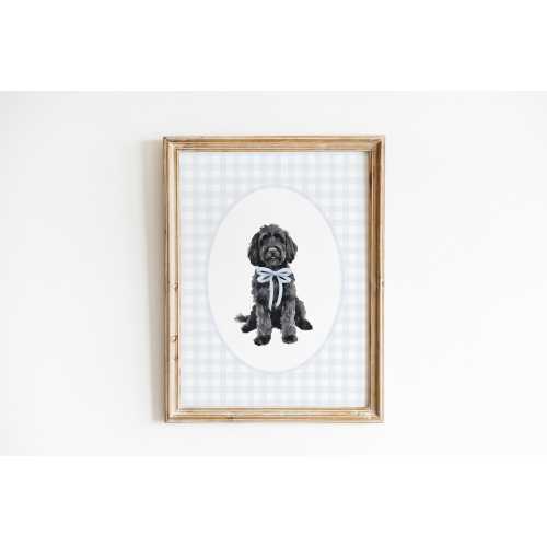 Black Golden Doodle Nursery Decor, Watercolor Dog Print, Baby Boy Nursery, Blue Gingham Wall Print, Classic Blue Bow Art, Doodle Nursery
