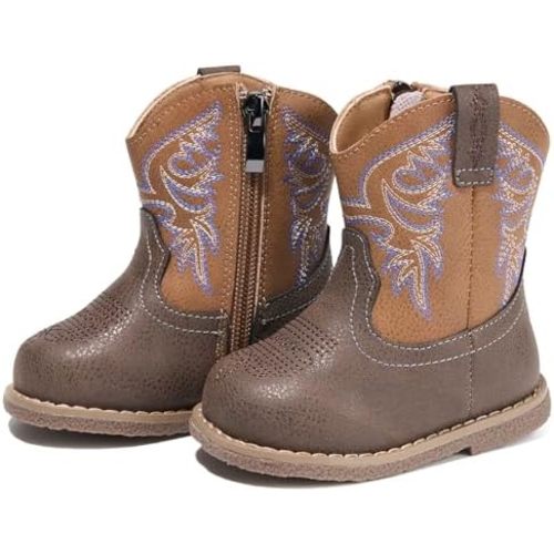 Newsonet Baby Cowboy Cowgirl Boots Infant Western Boots Toddler Boys Girls Round Toe Riding Mid Calf Boots All Seasons for 6 9 12 18 24 Months