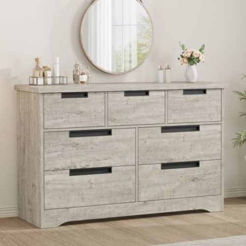 7 Drawer Dresser for Bedroom, Gray Double Dresser Organizer with Embedded Handles Design, Wooden Chest of Drawers for Living Room Nursery Hallway