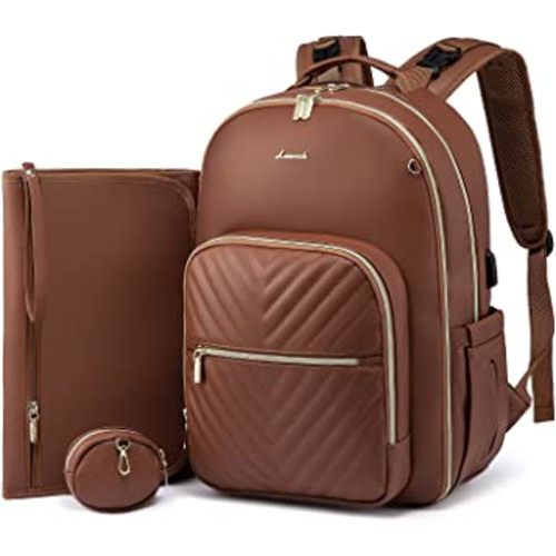 LOVEVOOK Leather Diaper Bag Backpack, Quilted Baby Bag with Changing Pad & Pacifier Holder, Waterproof Travel Diaper Bags with USB Charging Port for Baby, Stylish and Large Capacity, Brown