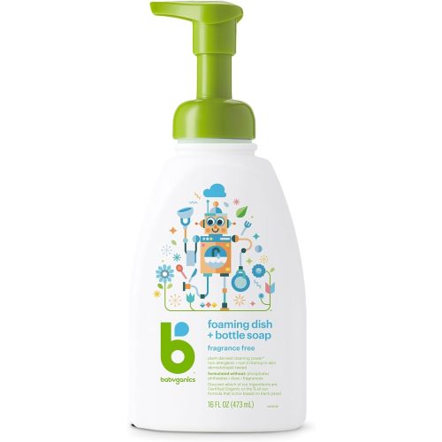 Babyganics Foaming Dish & Bottle Soap, Pump Bottle, Fragrance Free, Plant-Derived Cleaning Power, Removes Dried Milk, 16 Fl Oz