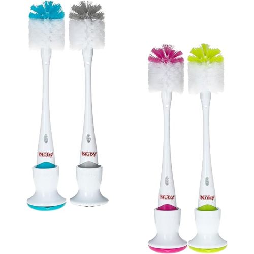 Nuby Bottle and Nipple Brush with Soft Bristles | 2 Pack: Blue & Grey or Pink & Lime | Accessory Cleaning Brush and Drying Stand