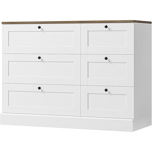 HOSTACK 6 Drawer Dresser, White Dresser for Bedroom, Wood Chest of Drawers, Wide Double Dresser, Modern Farmhouse Drawer Chest for Living Room, Hallway, Entryway, White/Rustic Brown