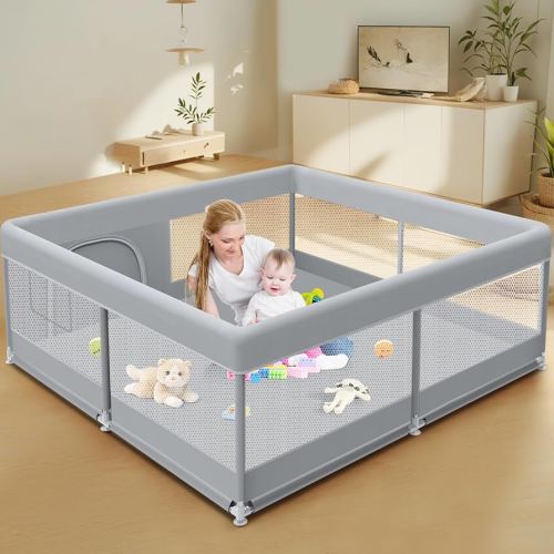 Baby Playpen 50 x 50 Inch Play Pen Playards, Playpen for Babies and Toddlers, Baby Playard for Indoor & Outdoor Active Center Game Fence, with Skin-Friendly Fabric and Soft Breathable Mesh Grey