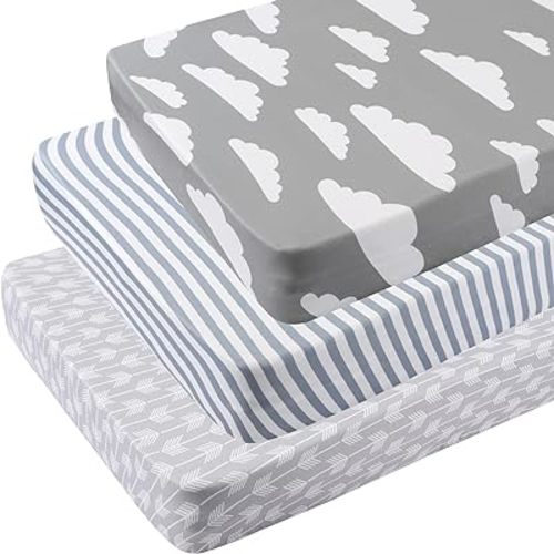 Pack n Play Sheets 3 Pack for Baby Unisex, Stretchy Jersey Knitted Portable Mini Crib Sheets Playard Mattress Cover for Baby Boys and Girls, Clouds Stripes and Arrow Printing
