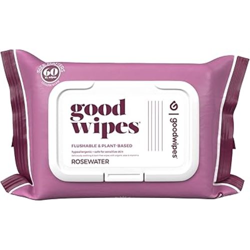 goodwipes Flushable Butt Wipes Made with Vitamin E & Aloe – Soft & Gentle Wet Wipe Dispenser for Home Use, Septic & Sewer Safe – Largest Adult Toilet Wipes – Rosewater, 60 Count