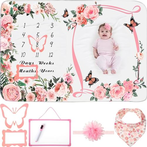 Chumia 6 Pcs Baby Monthly Milestone Blanket for Girl 60" x 40" Butterfly Milestone Blanket Age Photo Photography Backdrop with Newborn Calendar Growth Chart Bib Headband(Pink,Cute Pattern)