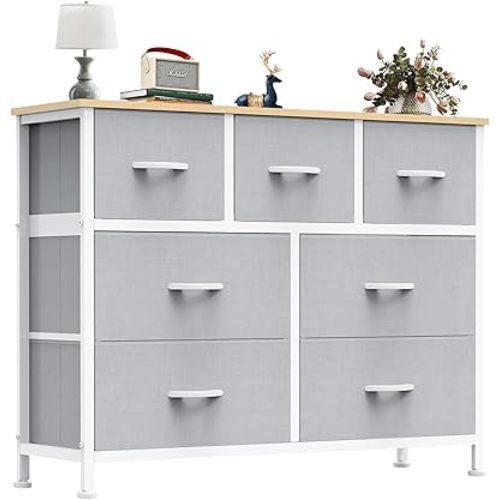 OLIXIS 7 Drawers Dresser for Bedroom, Fabric Storage Tower for Living Room, Entryway - Sturdy Steel Frame, Wooden Top and Easy Pull Fabric Bins, Closet Chests Organizer for Clothes,Light Gray