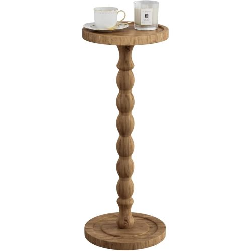 Small Side Table, Rubberwood‌ Drink Table for Small Spaces, Solid Wood Pedestal Coffee Tables, Round End Tables for Living Room, Sofa Couch, Bedroom, Corners, and Office (Brown, 9.4 inch)