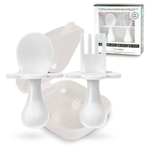 Grabease Baby and Toddler Self-Feeding Utensils – Spoon and Fork Set for Baby-Led Weaning – Made of Non-Toxic Plastic – Featuring Protective Barriers to Prevent Choking and Gagging