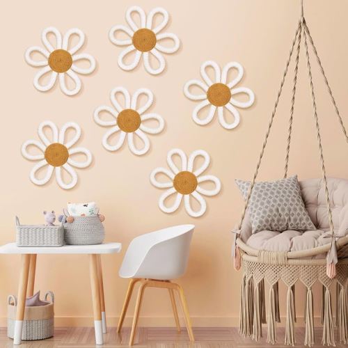 Zeyune 6 Pcs Boho Daisy Flower Wall Art Decor Boho Daisy Floral Nursery Art Decor Woven Macrame Wall Hanging for Home Indoor Decorations(White,Yarn and Cotton Rope)