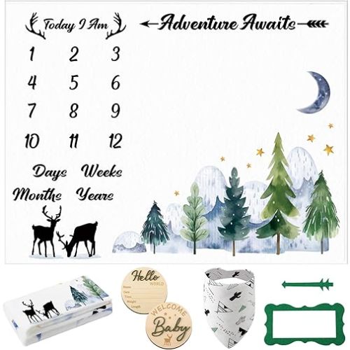 Baby Monthly Milestone Blanket for Boy Girl, Deer Woodland Gender Neutral Baby Blanket Baby Age Milestone Blanket Photography Background Prop with Bibs Wooden Signs Felt Circle