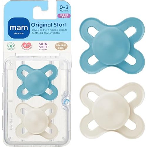 MAM Original Start Matte Baby Pacifiers 0-3 Months Newborns, BPA-Free Skin Soft Silicone Nipple, Developed with Medical Experts, Easy to Clean, 2 Count with Sterilizer Case
