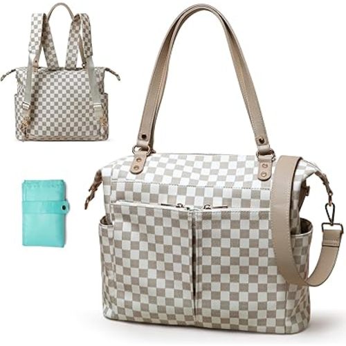MOMINSIDE Checkered Diaper Bag Backpack Diaper Bag Tote with 14 Pockets, Plaid Tote Bag 4 in 1 Leather Checkered Bag for Boys Girls, Changing Pad, 4 Large Insulated Pockets(beige&honey)