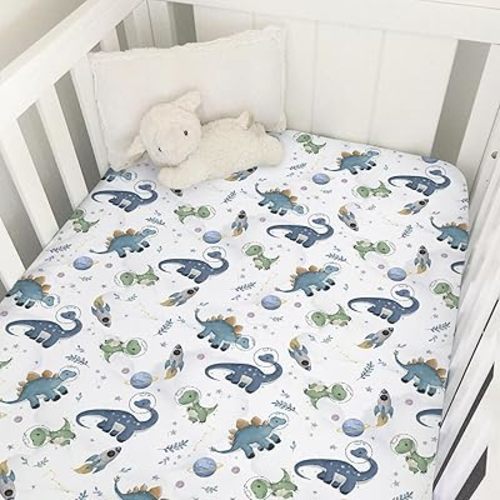 Watercolor Space Dinosaurs Baby Crib Sheet 52''x28'' Cute Dinosaur Rockets Planet Stars Leaves Snug Fitted Crib Mattress Cover for Boy Girl Soft Baby Bed Sheet for Standard Crib and Toddler Mattress