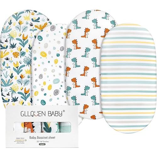Gllquen Baby Bassinet Sheets 4 Pack, Breathable Cozy Fitted Mattress Sheet, Elastic Travel Crib Fashionable Floral Pattern, Standard Cradle Safe Sheets for Baby Boy Girls 32"X16"(Dinosaur)