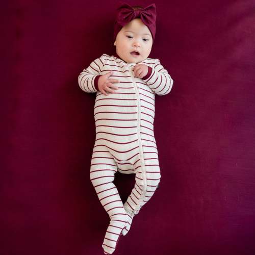 Ribbed Zipper Footie in Burgundy Stripe