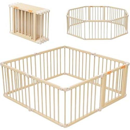 Baby Playpen, Wooden Playpen for Babies and Toddlers, Foldable Play Yard with Gate, 8 Panels Baby Fence, Indoor Play Area, Child Activity Center