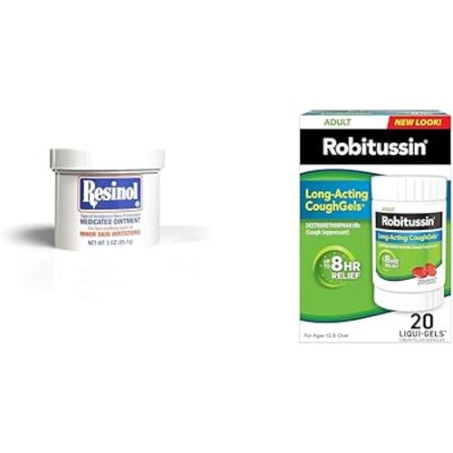 Resinol Medicated Ointment For Itch Relief, 3 Ounce Jar and Robitussin 8 Hour Adult Formula Liqui-gels Cough - 20 count Liqui-Gels