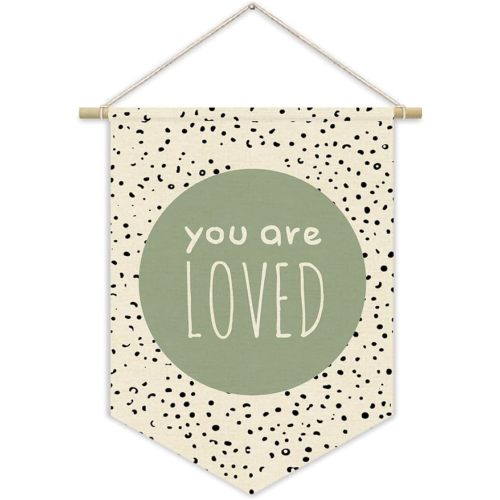 Green Nursery Decor,Sage Green Inspirational Canvas Banner, Classroom Decor You Are Loved Playroom Kids Room Wall Decor,Homeschool Toddler Bedroom Decor Canvas Hanging Pennant Flag Banner
