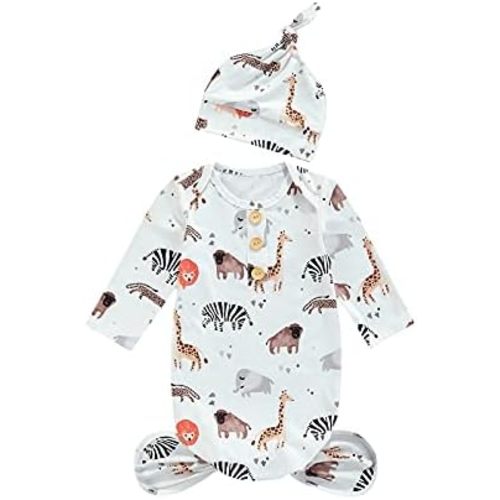 Newborn Baby Boy Girl Knotted Gowns Long Sleeve Printed Sleeping Bag Coming Home Outfit Nightgown Pajamas Hat Set