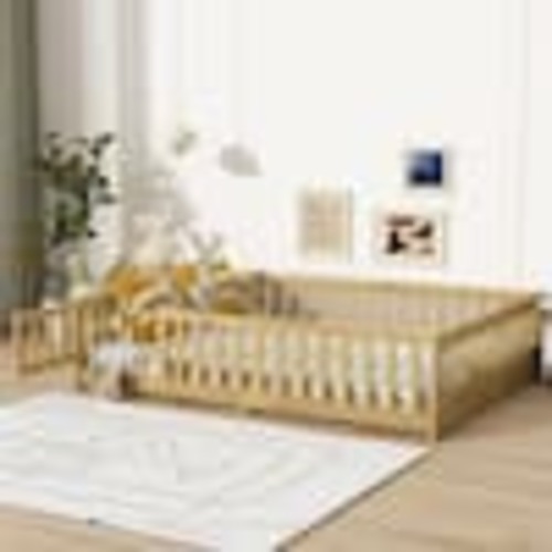 Qualler Natural Yellow Rubber Wood Frame Full Size Platform Bed with Fence, Door and Safety Guardrails FSINSP784D