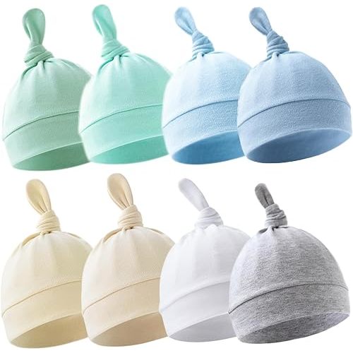 BEoffer 8 Pack Baby Newborn Hats Set Top-Knot Beanie Soft Stretchable Hats Adjustable Caps for Infant Girls Boys 0-6 Months