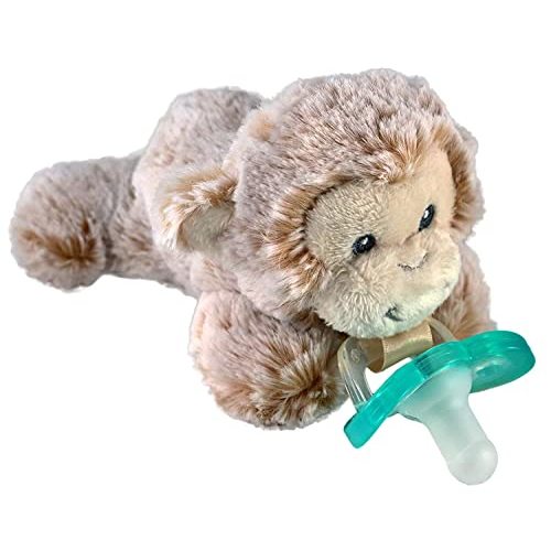 RaZbaby JollyPop Pacifier, Holder w/Detachable Baby Pacifier, Stuffed Animal RaZbuddy, All Ages 0M+, 100% Medical Grade USA Made Silicone, Machine Washable, Textured & Easy to Hold – Monkey