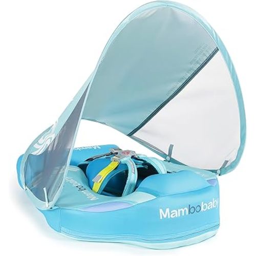 Mambobaby Baby Pool Float with Canopy, Non-Inflatable Infant Swimming Float, Soft Waterproof Skin-Friendly Material, Solid Avoid Flip Floatie with Tail, UPF 50+ Bathtub Swim Ring for 3-24 Months Kids