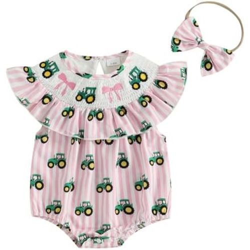 CIYCUIT Baby Girl Smocked Romper Bow Tractor Print Bodysuits Jumpsuits with Headband