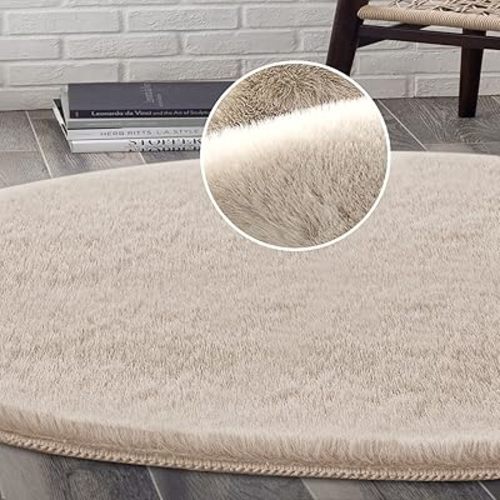 H.VERSAILTEX Round Area Rug Super Soft Faux Fur Rugs Carpets Circle Rug 4x4 Feet Furry Kids Room Nursery Rug Bedroom Living Room Carpet High Pile Throw Rug Shag Plush Rug for Dorm Room, French Oak
