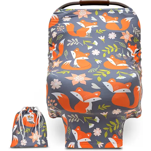 Baby Car Seat and Nursing Cover Up for Breastfeeding Moms | Multi-use 5-in-1, Breathable, Soft, Stretchy, Washable, Universal Fit | Cute Unisex Woodland Fox Pattern
