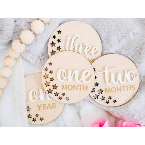 Star Baby Monthly Growth Milestone Markers made with Wood and Acrylic (13 PC set), Starry Night Nursery with Hello World Baby Announcement