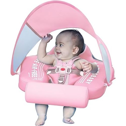 Mambobaby Float with Tail and Canopy Non-Inflatable Baby Swim Float Mambo Float Smart Swim Trainer Infant Swim Pool Float Swim Ring for 3-24months Girls Boys