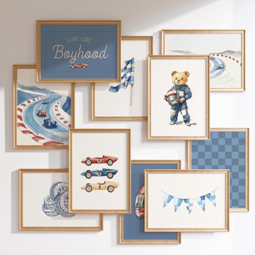 Boy Navy Blue Gallery Wall Set Nursery, Teddy Bear Set of 10 Prints, Racing Car Art, Vehicle Print, Boy Room Poster, Vintage Playroom Prints