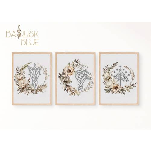 LoTR Art Prints Set of 3 - Elven Wall Decor -  Medieval Fantasy Nursery - Neutral Floral Poster - Hobbitcore Decor - Neutral Wall Art